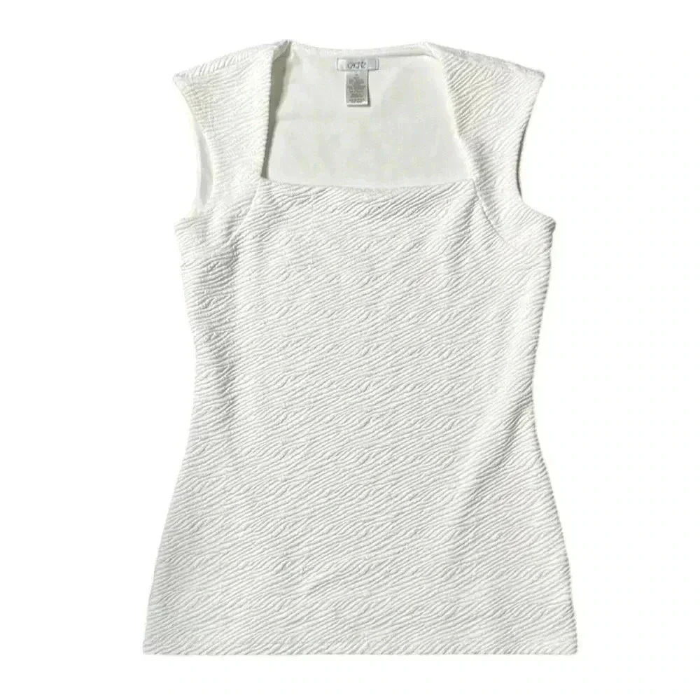 Caché Vintage White Unique Square NeckTextured Sleeveless Blouse Size XS